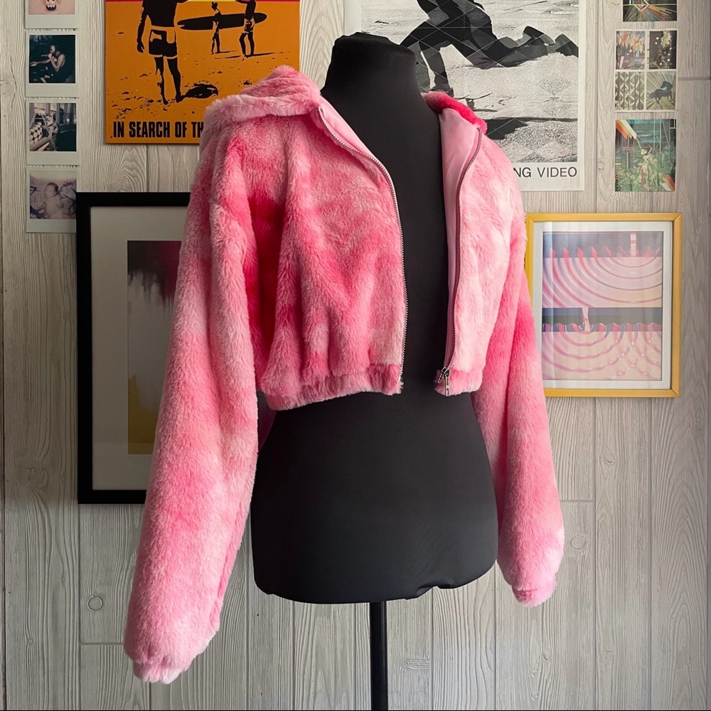NWT Teddy Bear Hooded Cropped Jacket Pink Fur Rave Festival Kawaii Goth Pastel - Picture 4 of 4